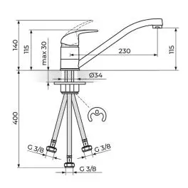 Slavina-Baterija sa 3 cevi za sudoperu 230mm Perla ROSAN