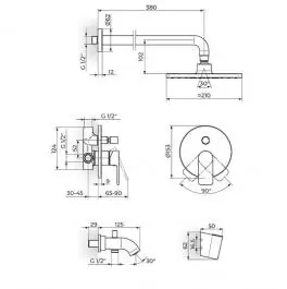 Uzidna baterija sa izlivom zidnim tušem 210x210mm i ručnim tušem 231701B ROSAN