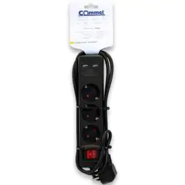 Commel produžni kabl 3m 3xsuko sa sklopkom + 2xUSB crni