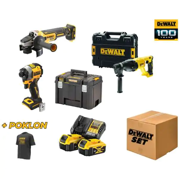 DeWALT 100 years DWSET1, set tri aku alata DCG405N + DCH133NT + DCF850N + TSTAK duboki kofer, 2x 5.0Ah, 18V + poklon majica