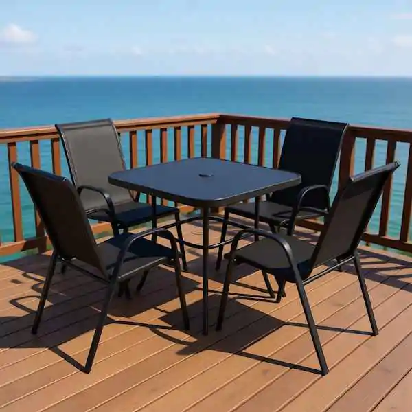 Baštenski set Zakintios sto crni kaljeno staklo i 4 crne stolice - proizvod na akciji