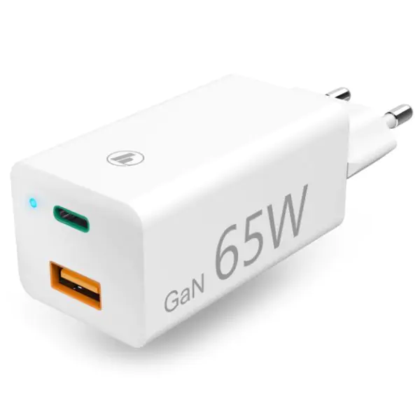 GaN punjac USB-C (PD), USB-A (QC 3.0), 65W, beli