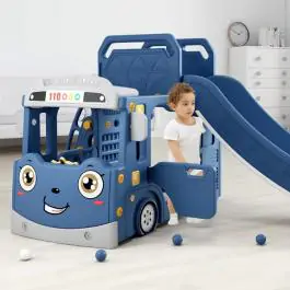 Dečiji plavi vozić sa toboganom, košem i ostavom za igračke