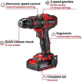 Einhell TE-CD 18/40 Li-i akumulatorska udarna bušilica set pribora od 64 komada (1×2,0Ah)