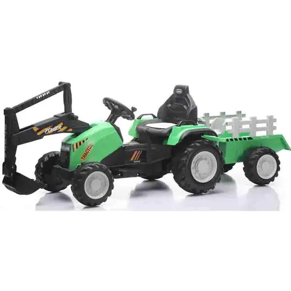 Dečiji traktor na akumulator sa prikolicom i kašikom Zeleni – 12V, daljinski upravljač, Bluetooth i LED svetla - proizvod na akciji
