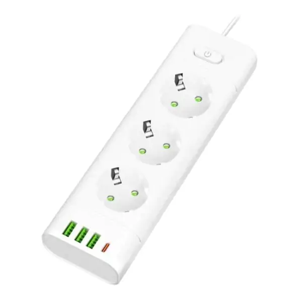 PROSTO produžni kabl sa 3 utičnice, USB i USB-C priključcima, beli