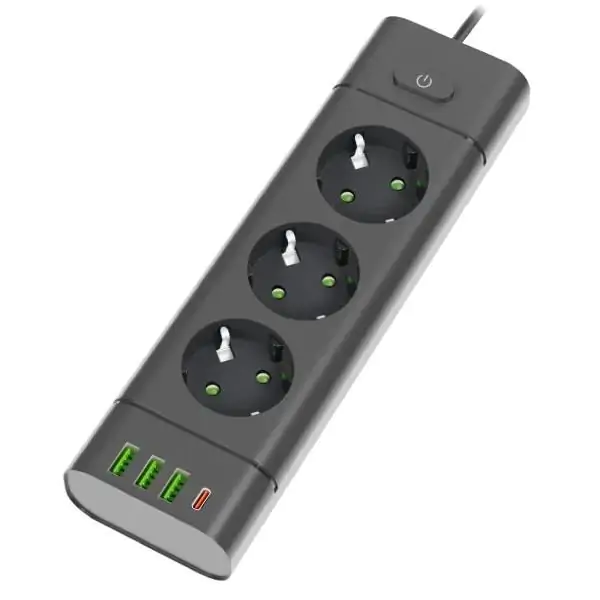 PROSTO produžni kabl sa 3 utičnice, USB i USB-C priključcima, crni