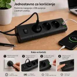 PROSTO produžni kabl sa 3 utičnice, USB i USB-C priključcima, crni